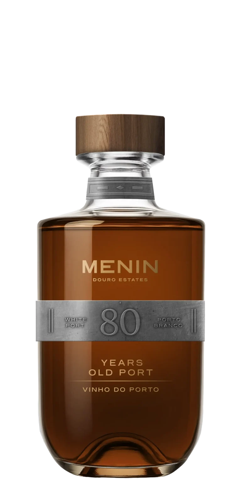 Foto de produto, sem fundo, do vinho Menin Porto Branco 80 Anos